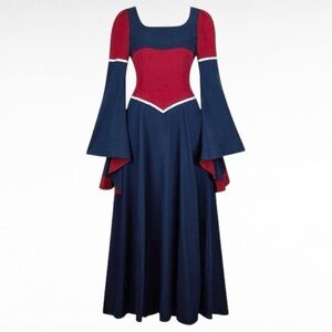 Navy Maroon Medieval Renaissance Corset Lace-Up Bell Sleeve Gothic Fantasy Gown